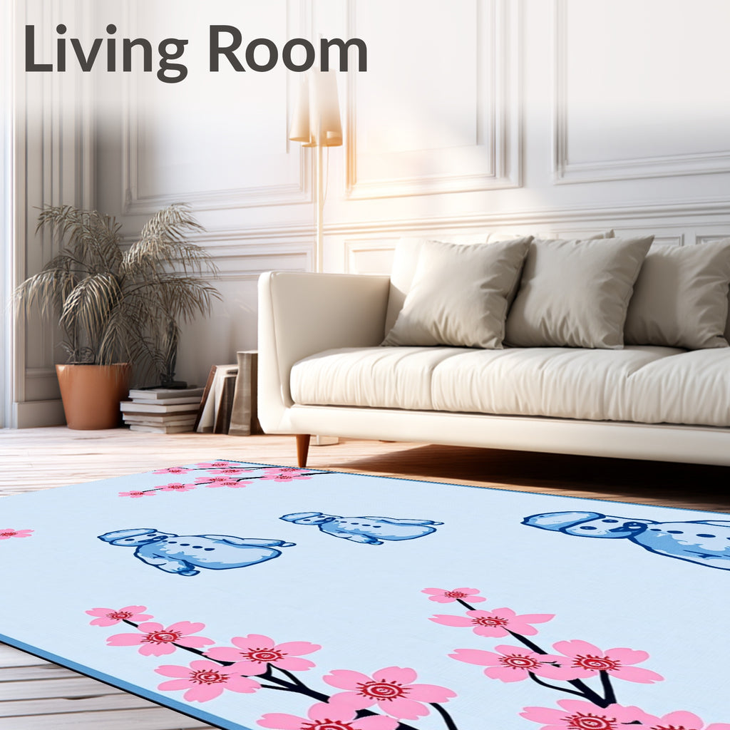 Blue Snowman Pink Cherry Blossom Scene Rug