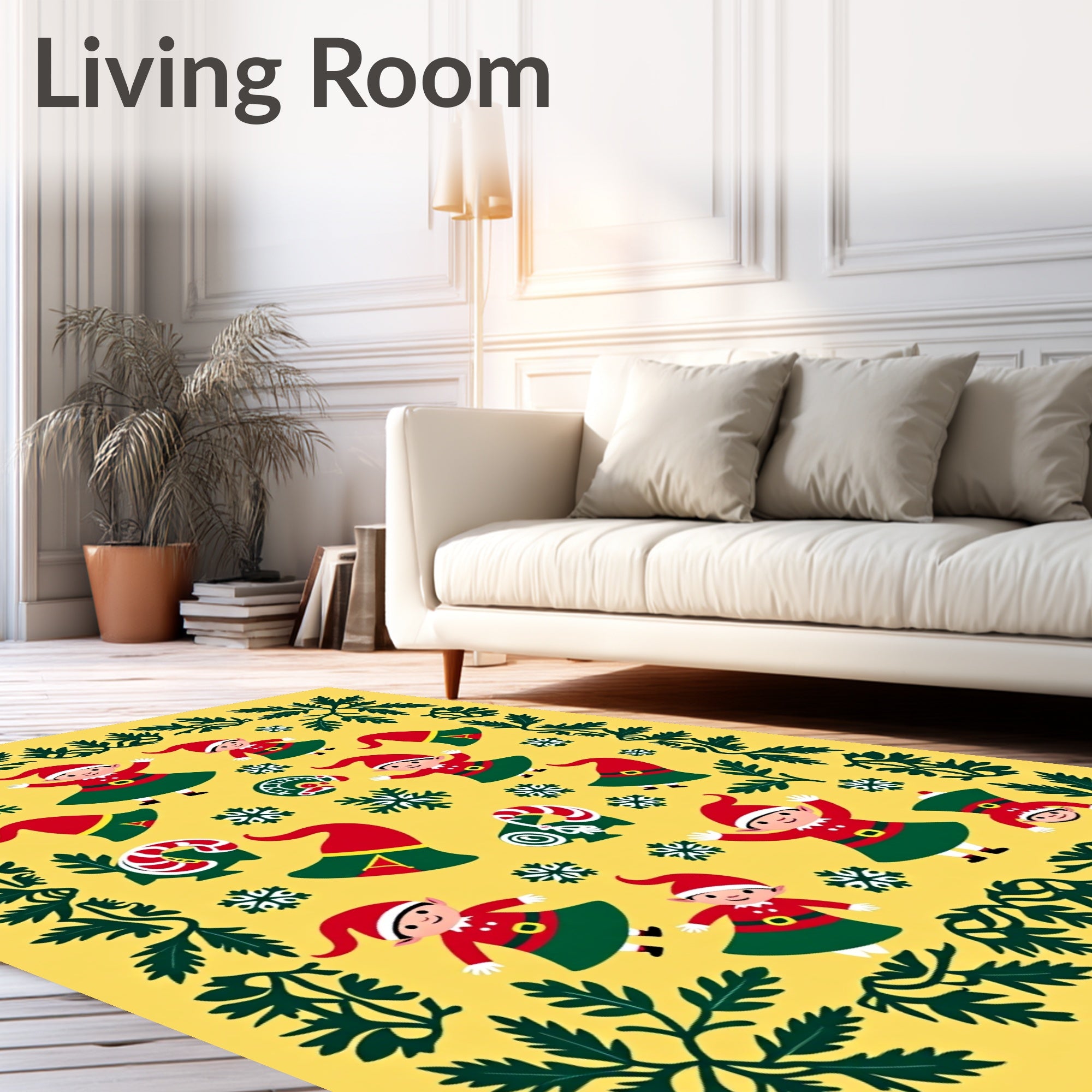 Festive Yellow Elf Snowflake Border Rug