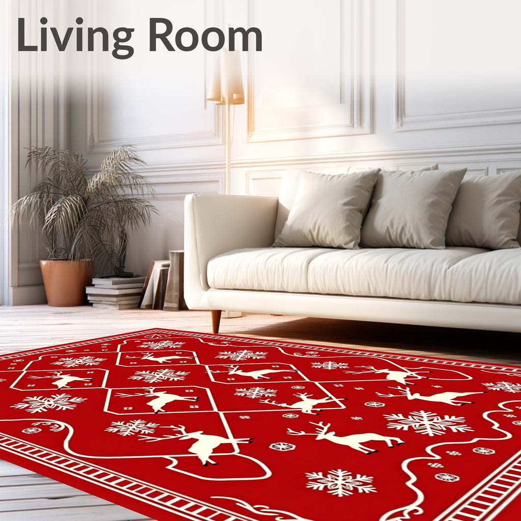 Crimson Reindeer Snowflake Holiday Scape Rug