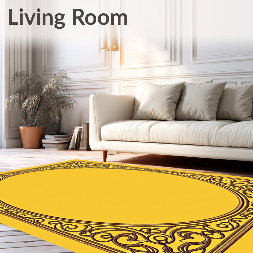Ornate Golden Scrollwork Oval Frame Rug