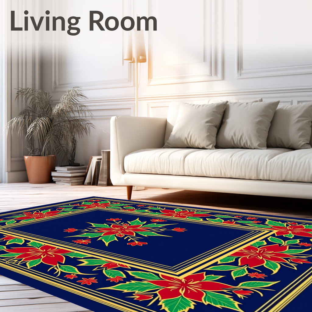Red Poinsettia Floral Border Frame Rug