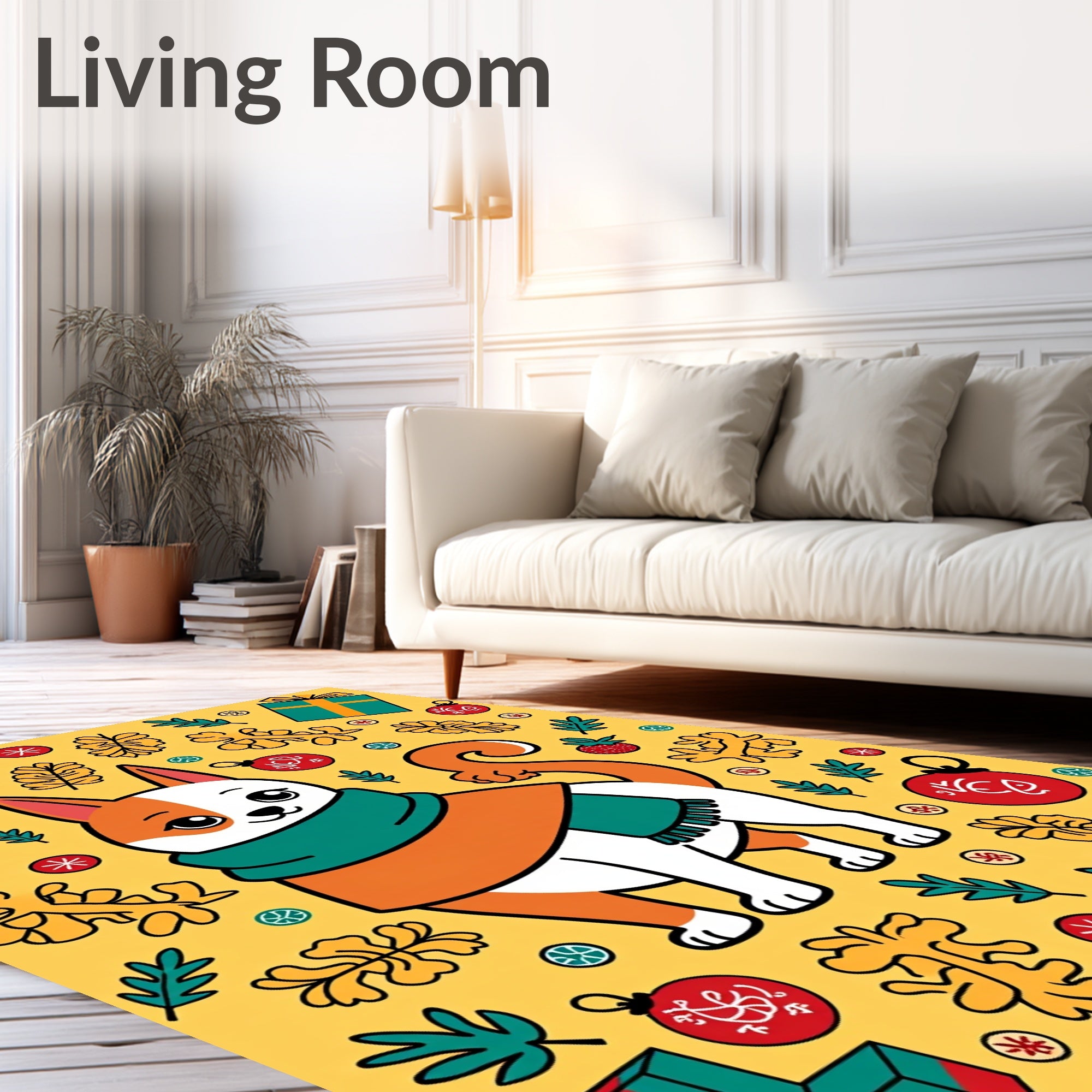 Whimsical dog with autumn leaves and ornaments Rug