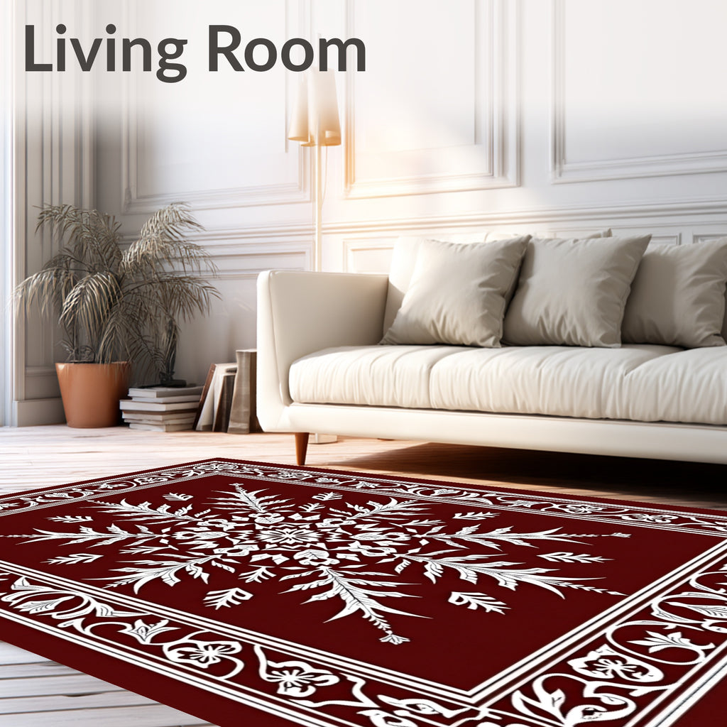Crimson White Floral Snowflake Medallion Rug