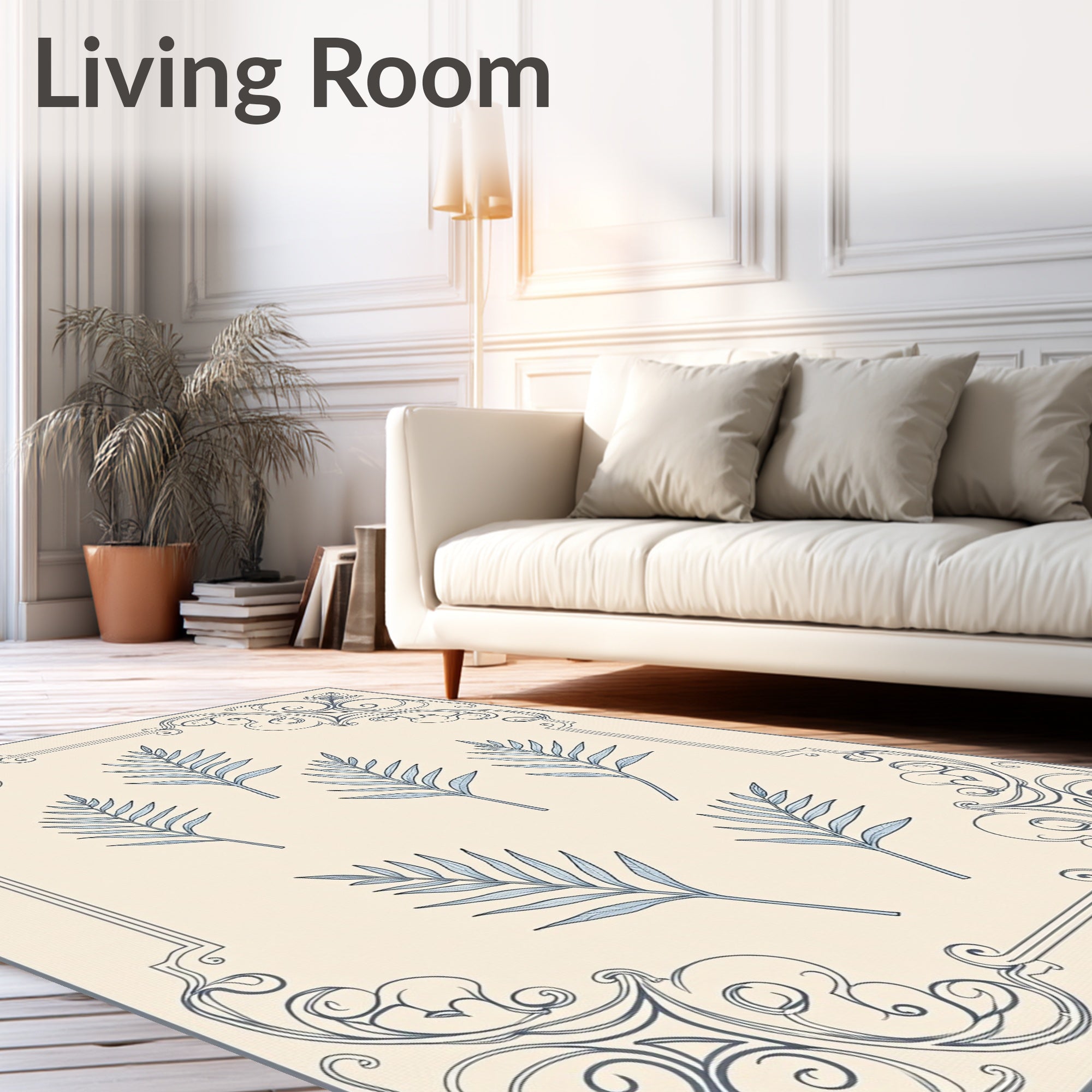 Light Blue Fern Fronds Classic Frame Rug