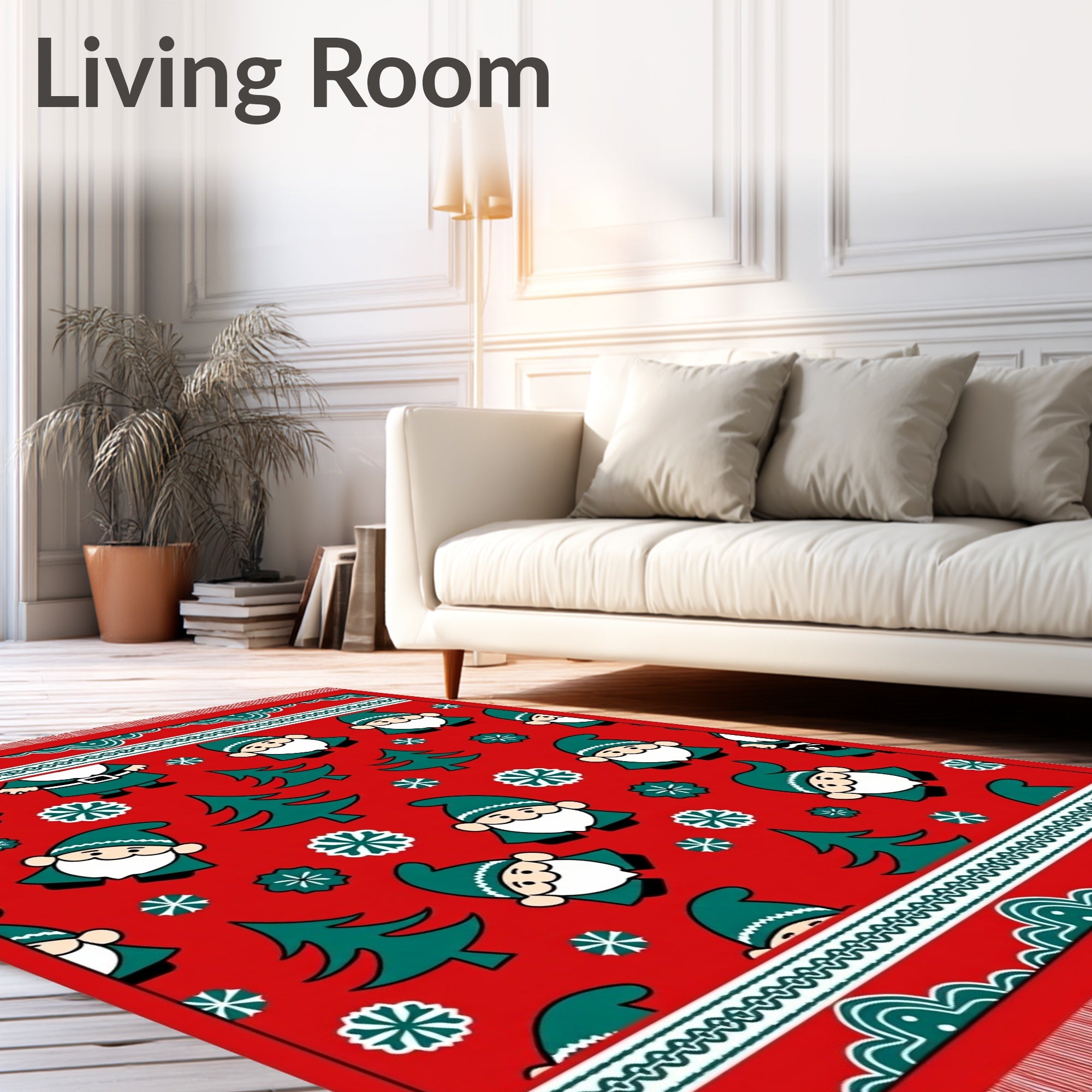 Festive Red Gnome and Tree Scene Rug