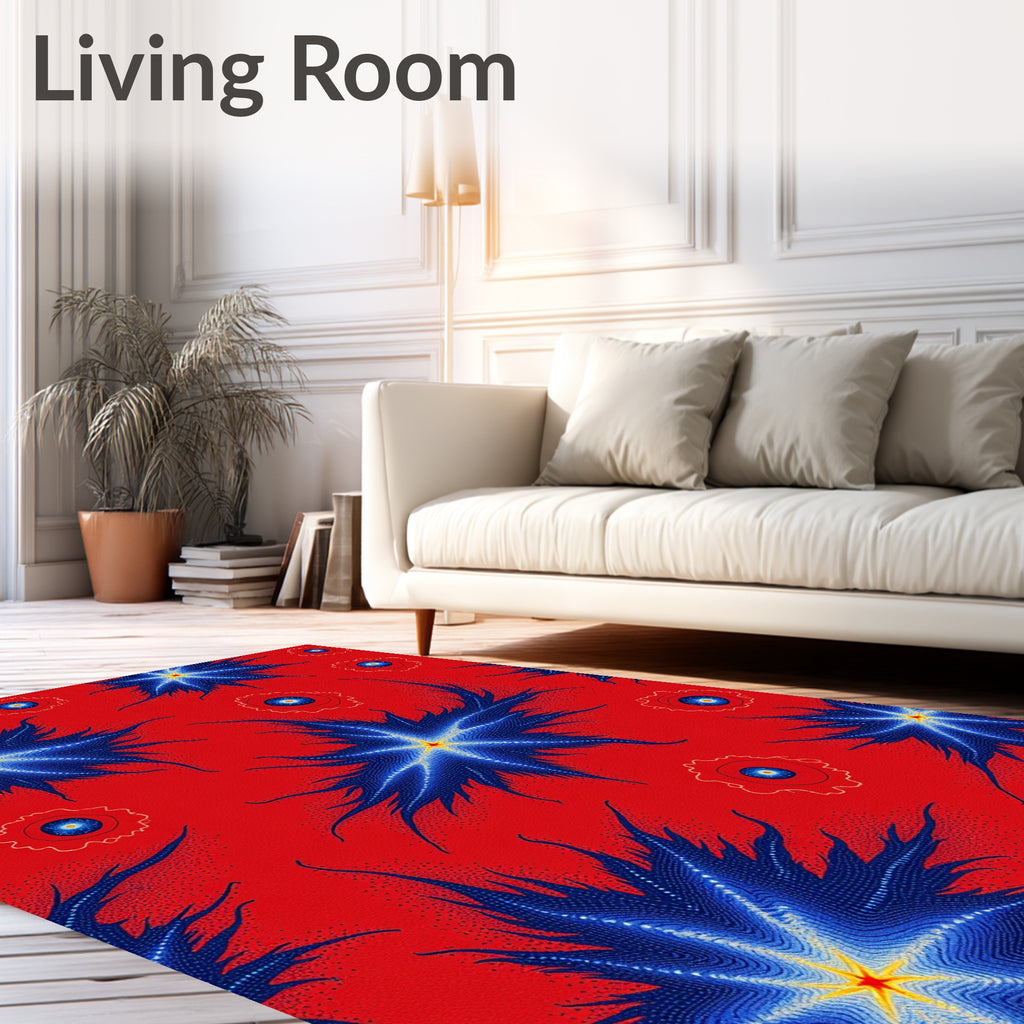 Vibrant Blue Starburst Red Background Rug