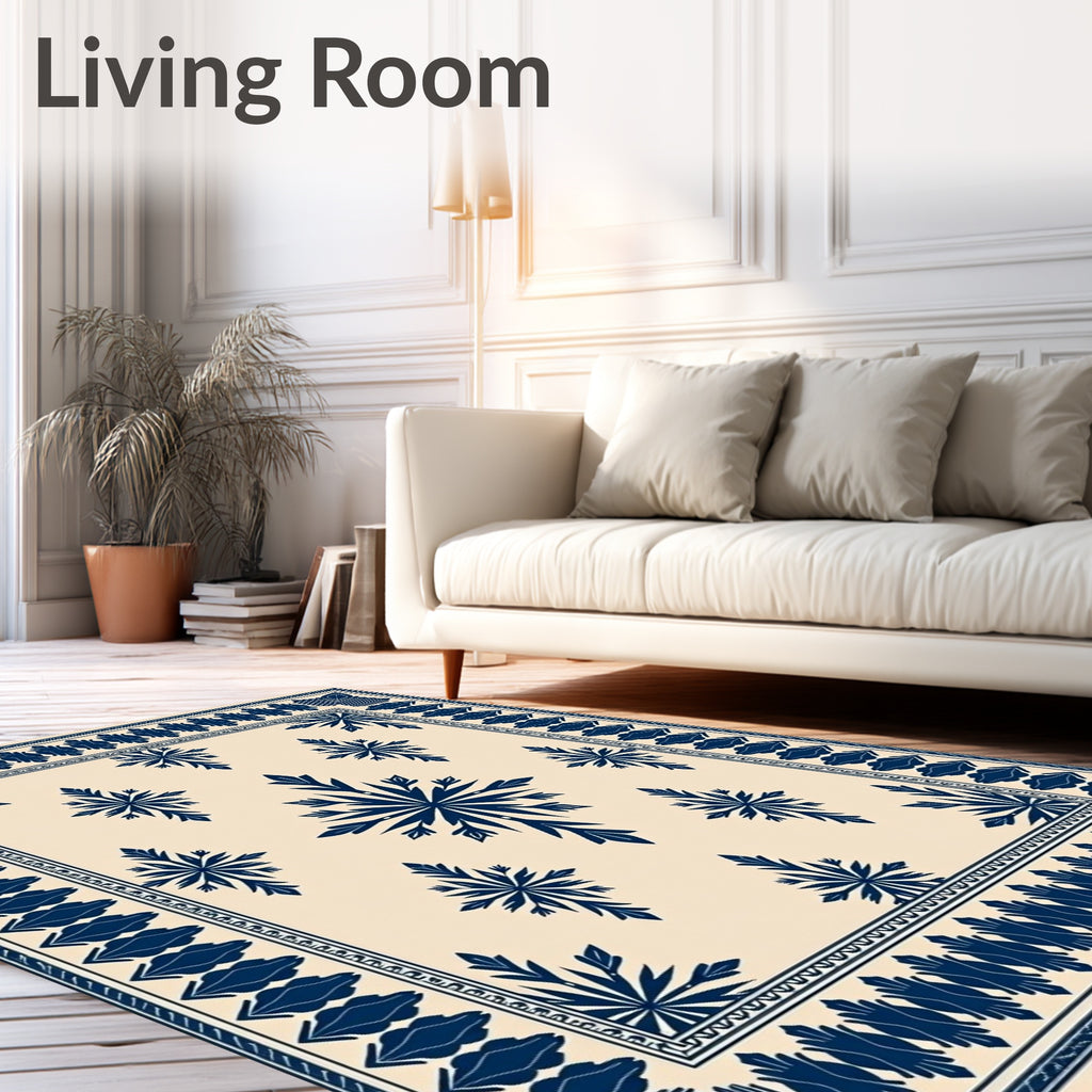 Navy Blue Floral Medallion Cream Rug