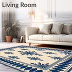 Navy Blue Floral Medallion Cream Rug