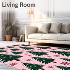 Festive Green Christmas Trees Red Snowflakes Rug