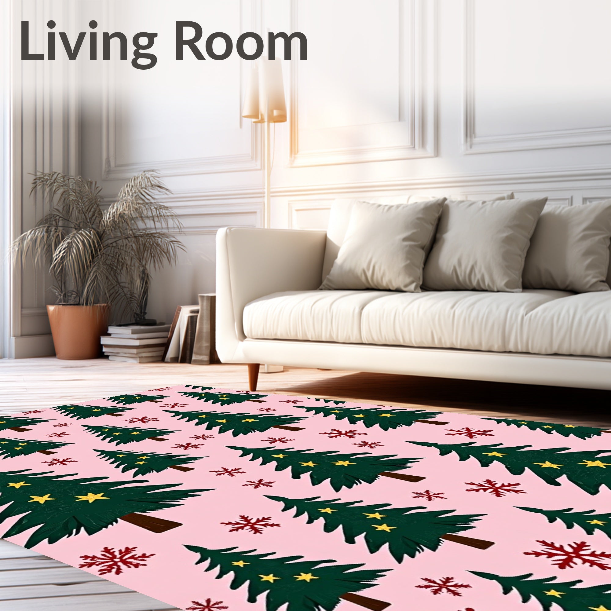 Festive Green Christmas Trees Red Snowflakes Rug
