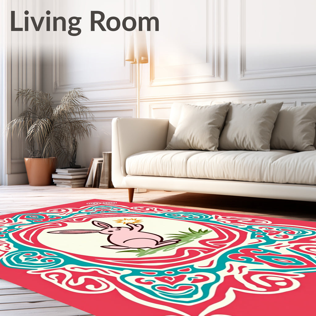 Pink Rabbit Whimsical Ornamental Frame Rug