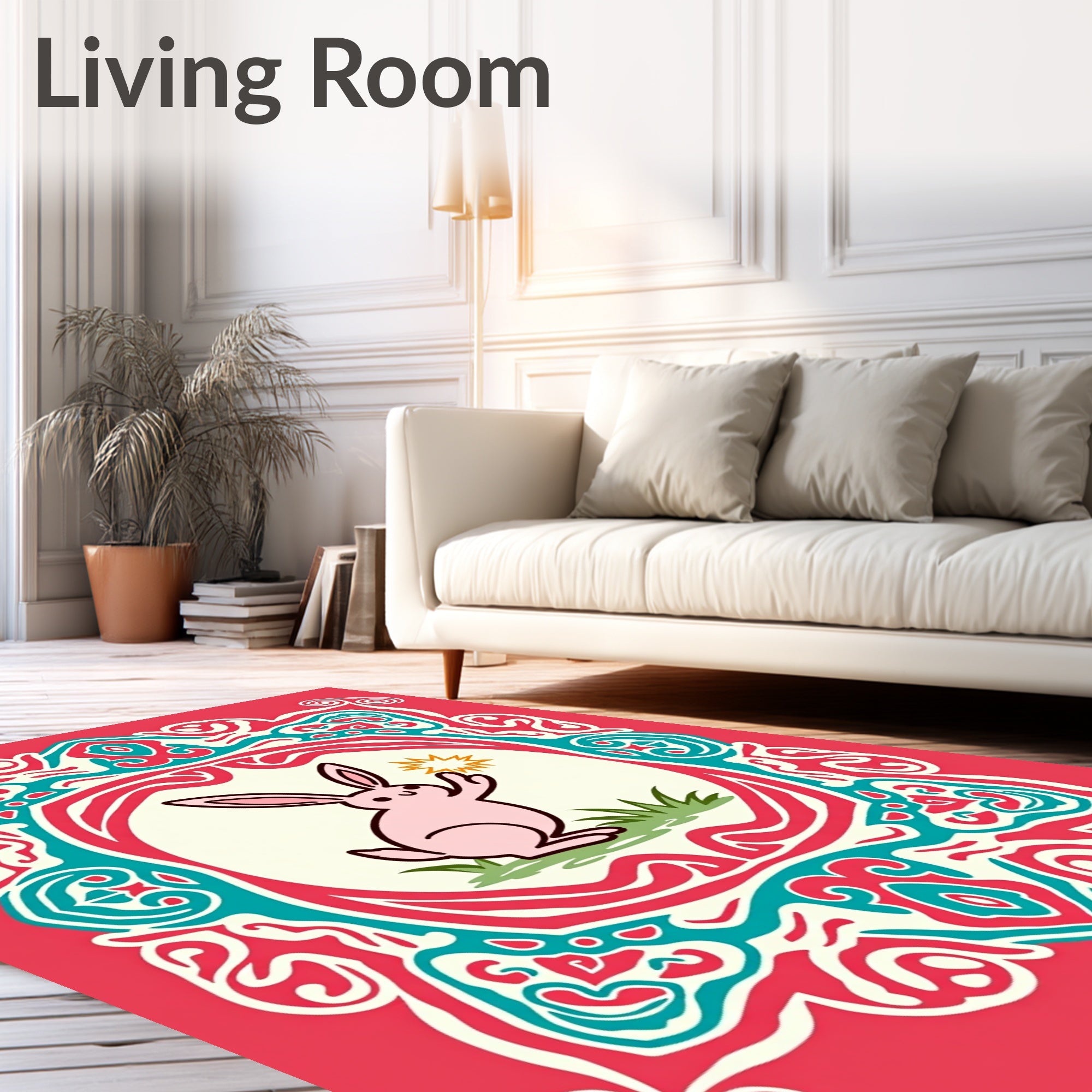 Pink Rabbit Whimsical Ornamental Frame Rug