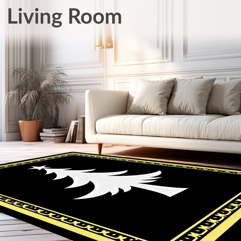 Elegant Black White Tree Border Rug