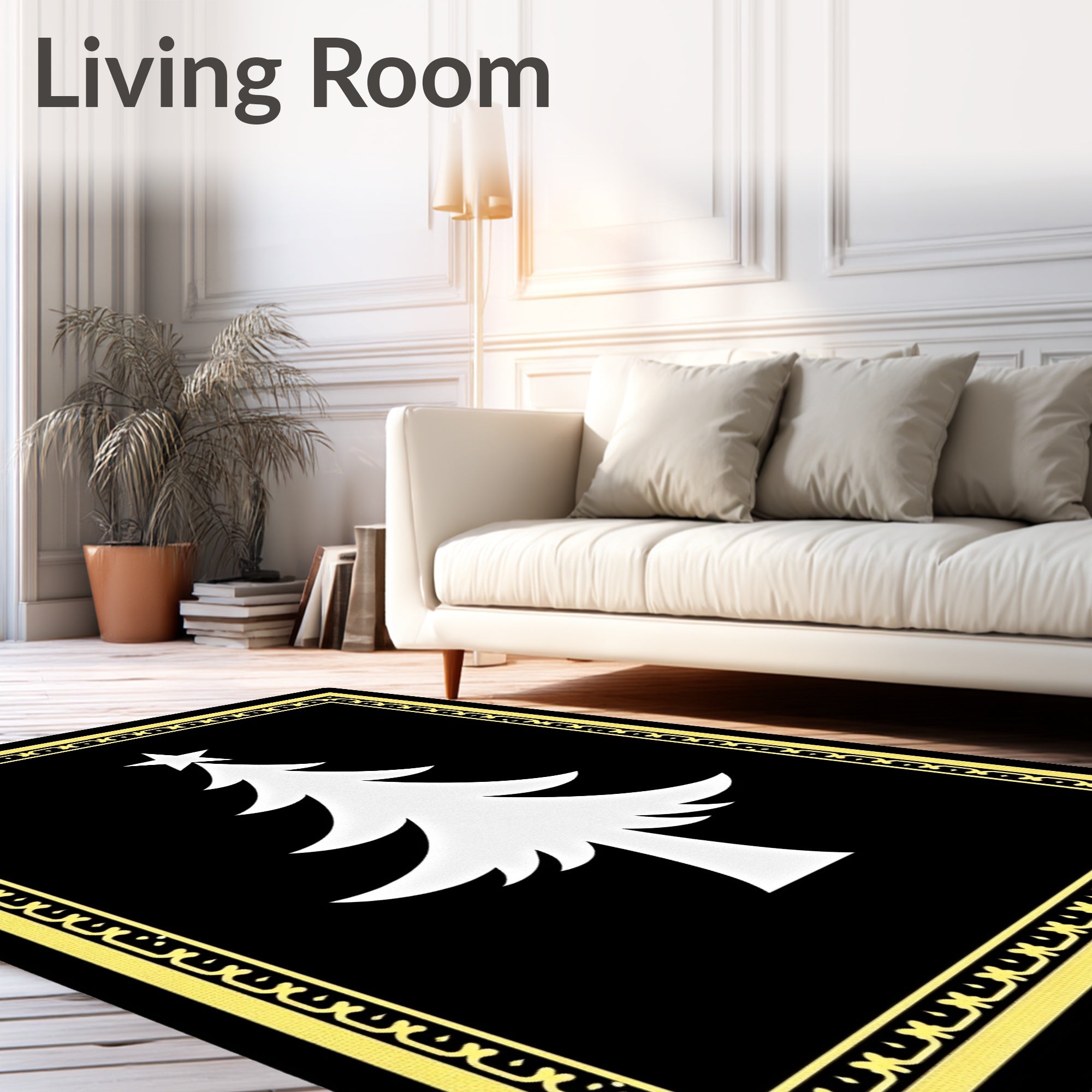 Elegant Black White Tree Border Rug