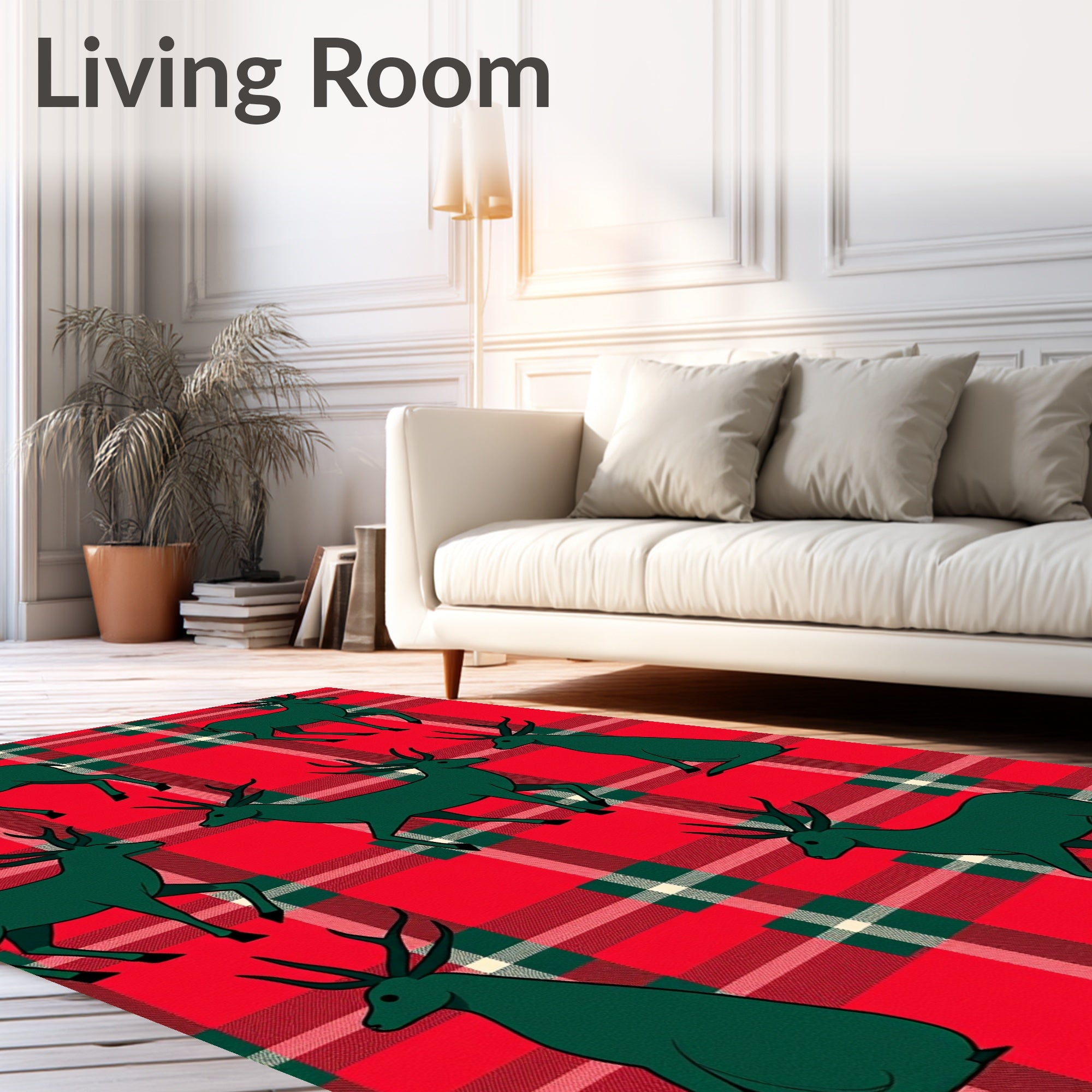 Crimson Plaid Green Deer Repeat Rug