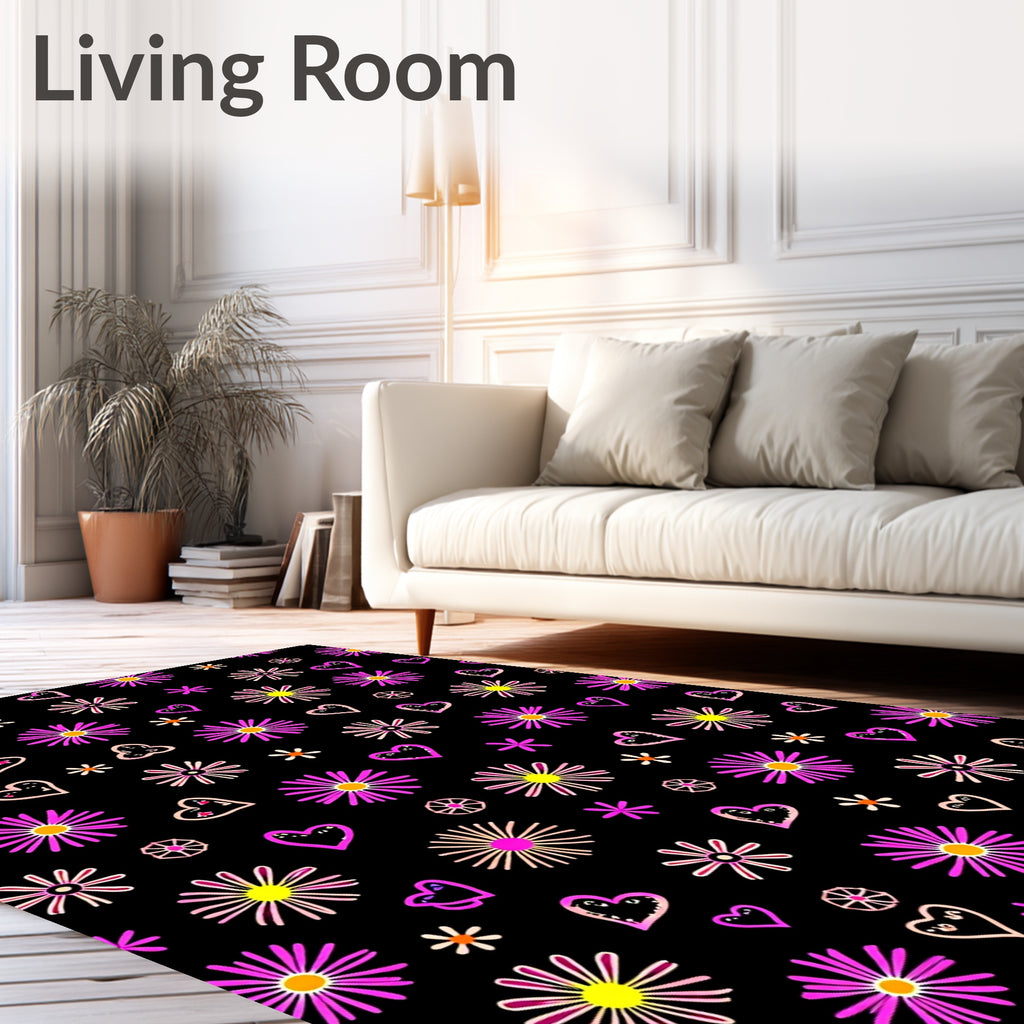 Pink Yellow Heart Flower Doodle Rug