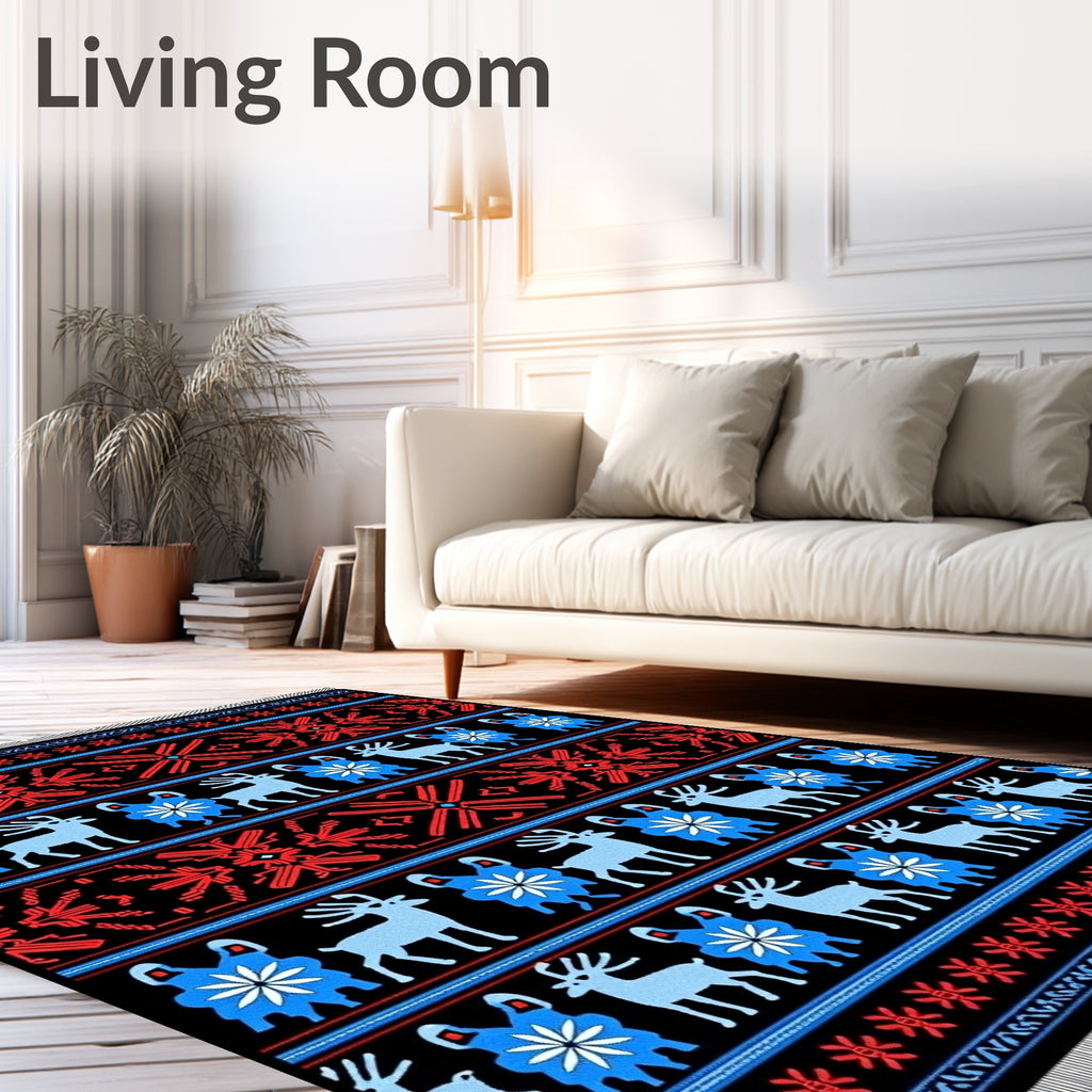 Black Red Blue Deer Folk Art Rug