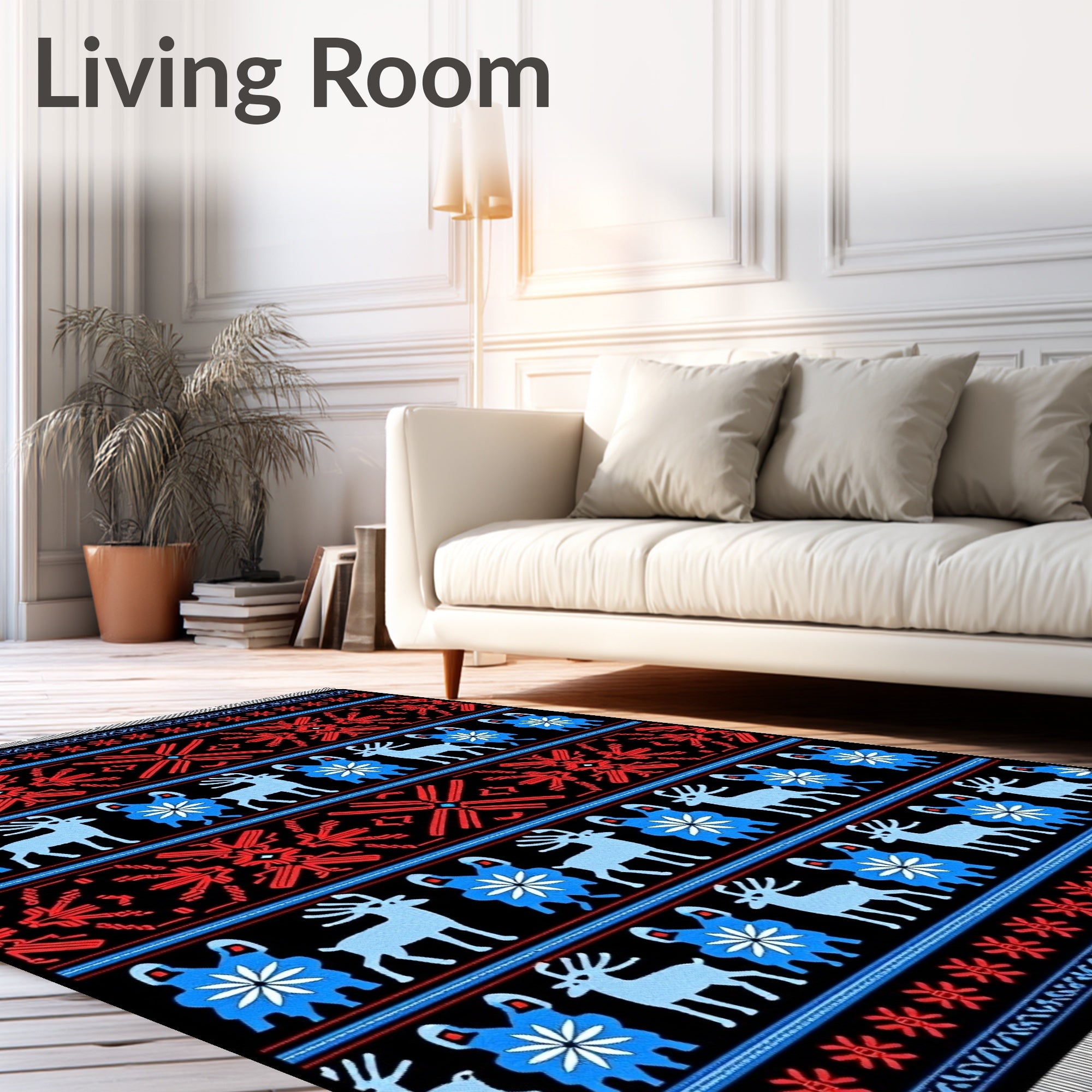 Black Red Blue Deer Folk Art Rug