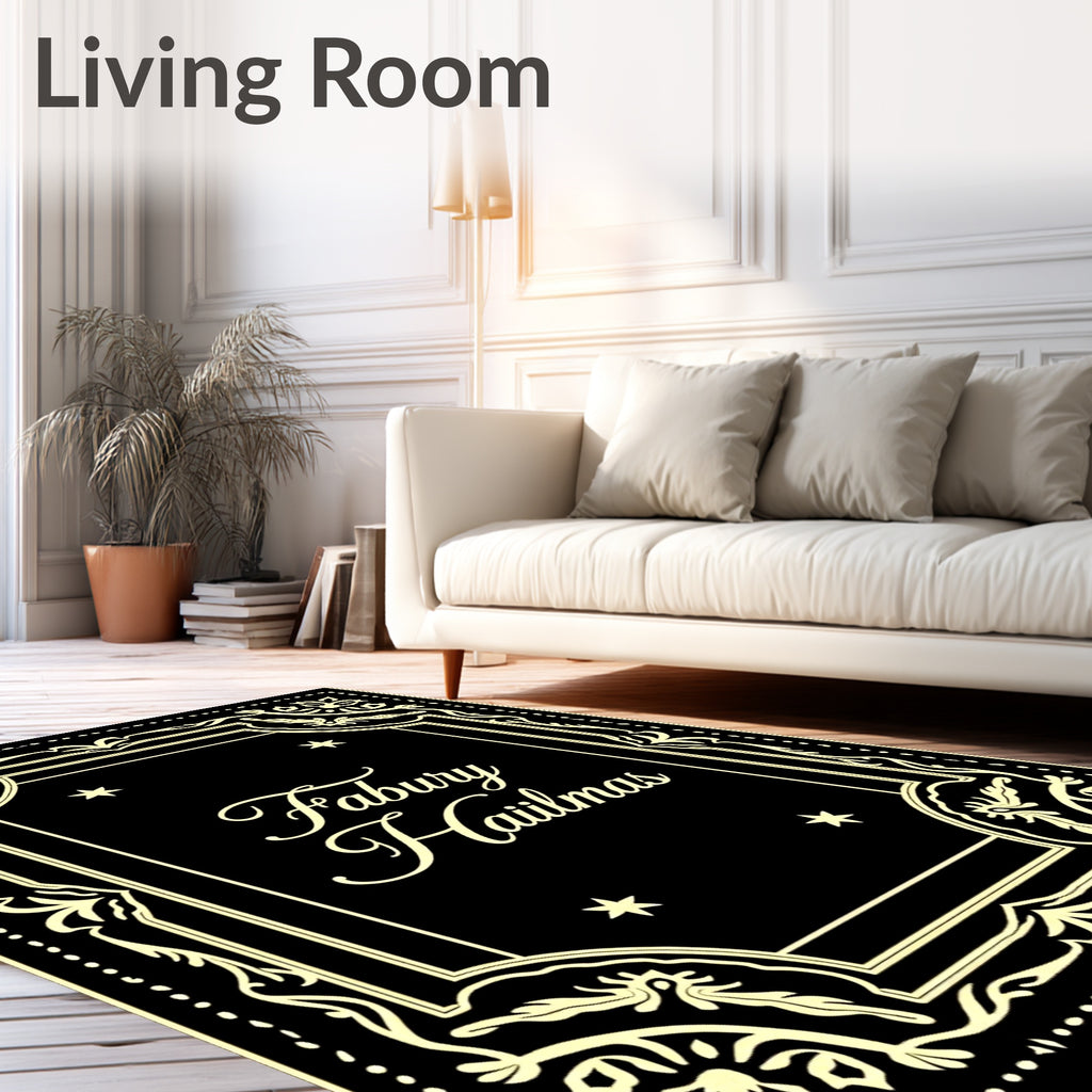 Ornate Black Cream Floral Border Rug