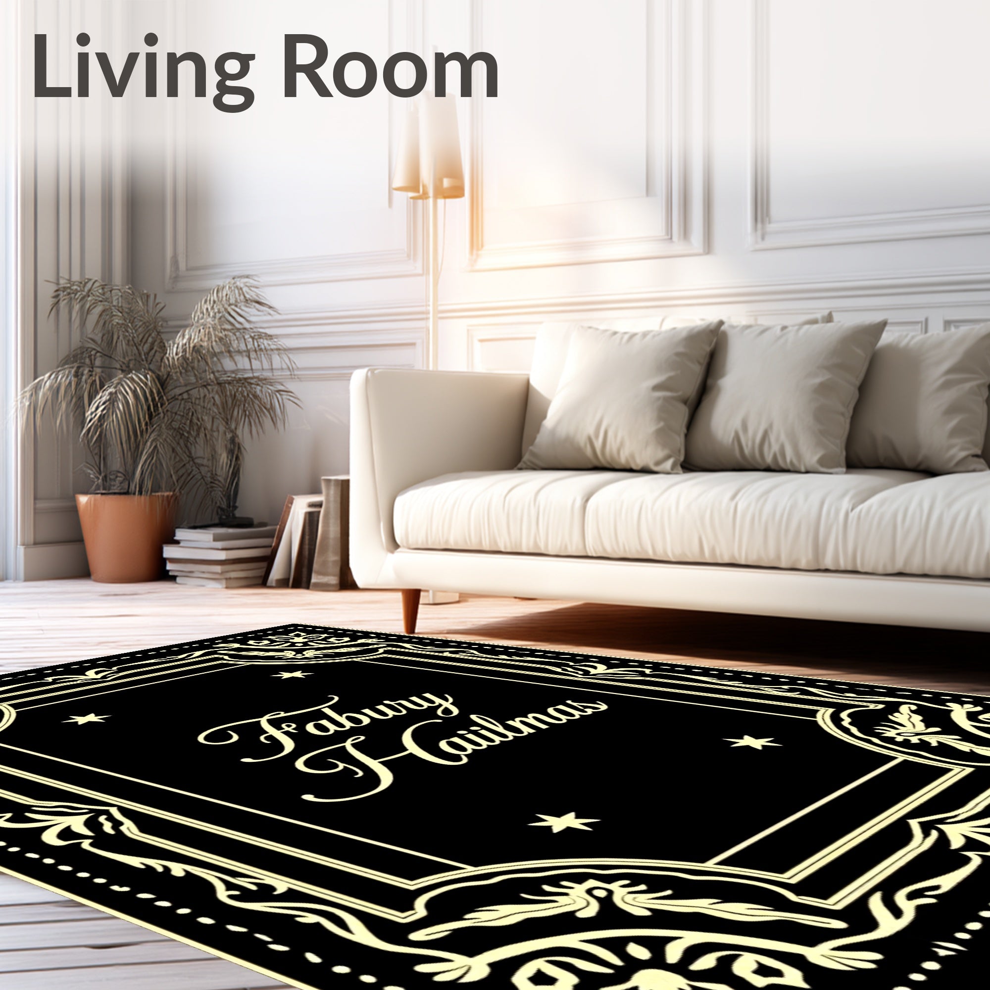 Ornate Black Cream Floral Border Rug