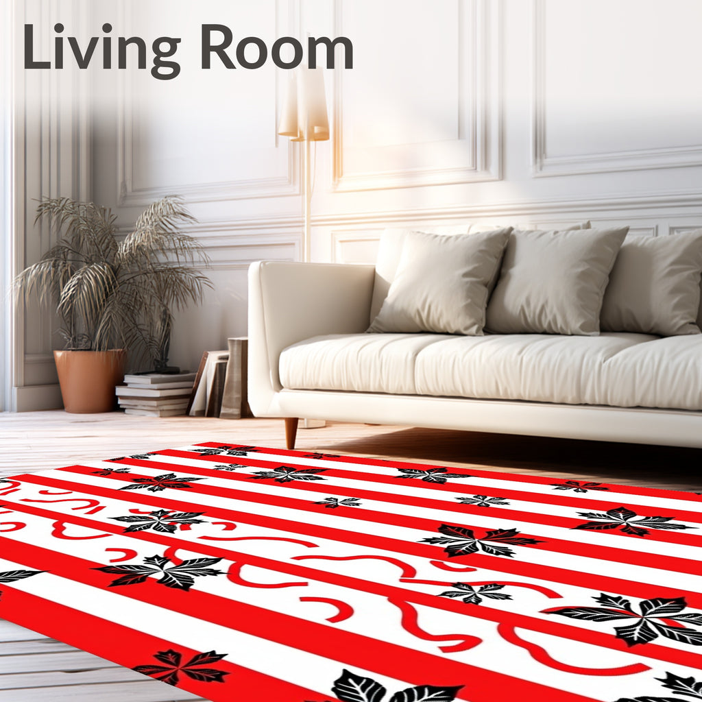 Bold Red White Striped Leaf Design Rug