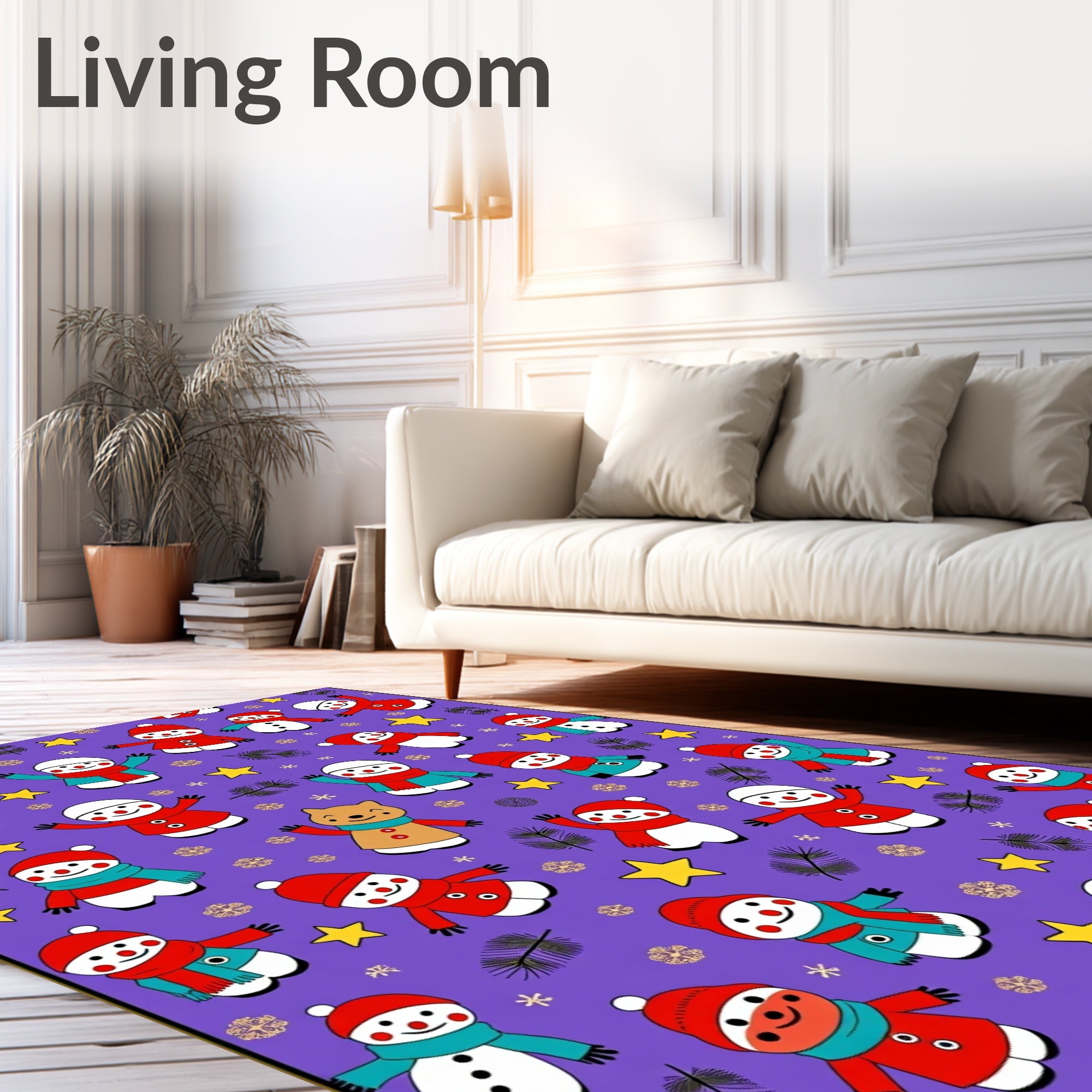 Whimsical Snowmen Yellow Star Christmas Rug