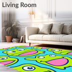 Whimsical Green Frog Faces Blue Background Rug