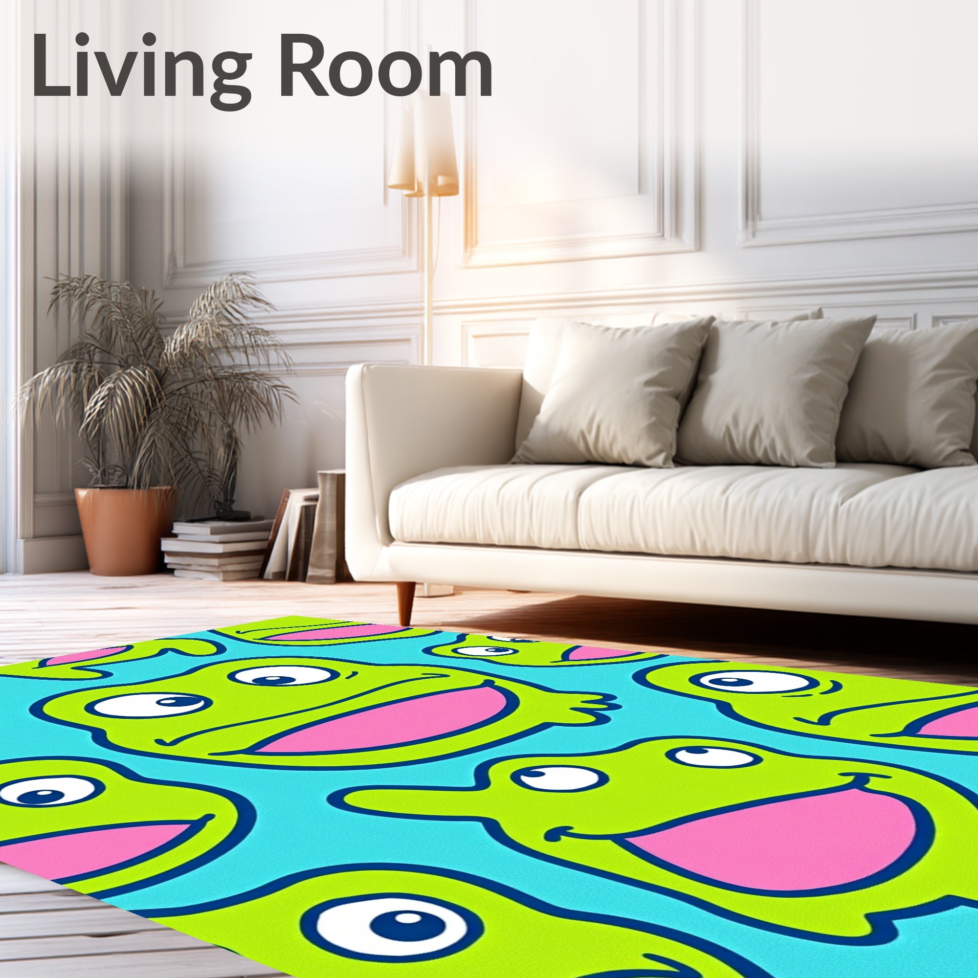 Whimsical Green Frog Faces Blue Background Rug