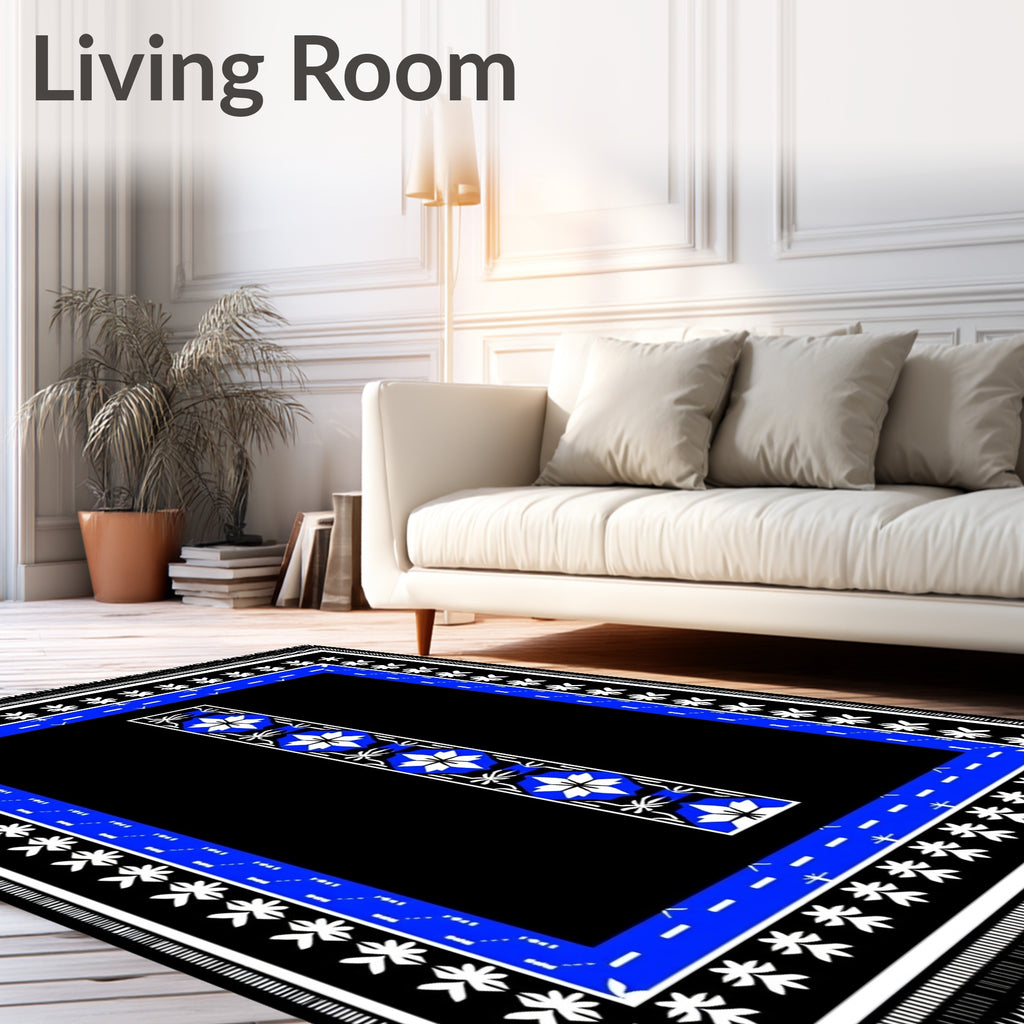 Black Blue White Floral Geometric Border Rug