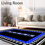 Black Blue White Floral Geometric Border Rug