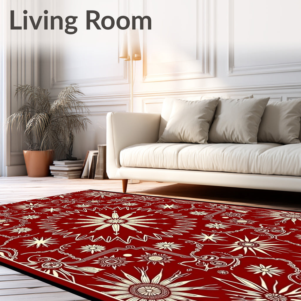 Crimson Sunburst Detailed Mandala Rug