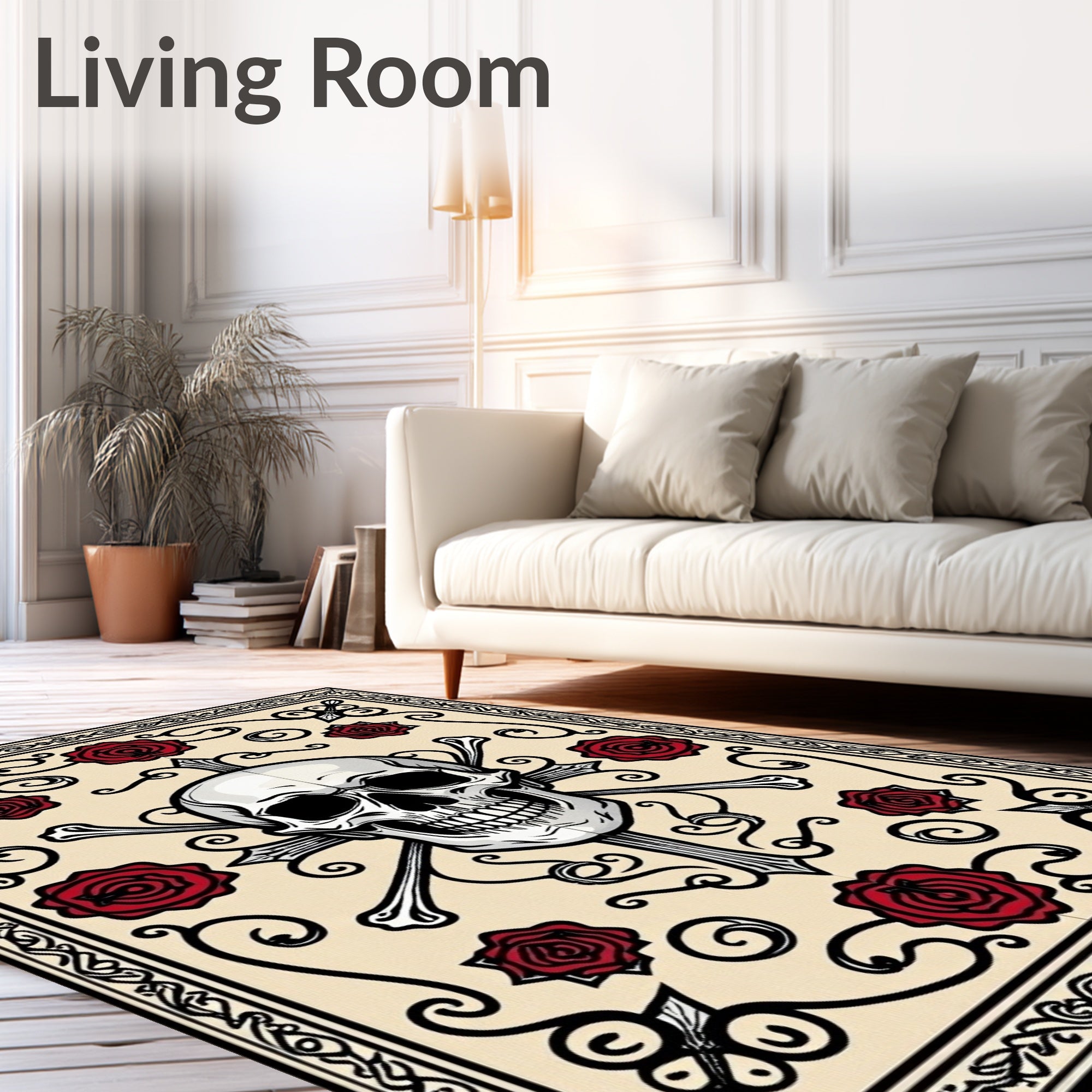 Crimson Skull Roses Baroque Border Rug