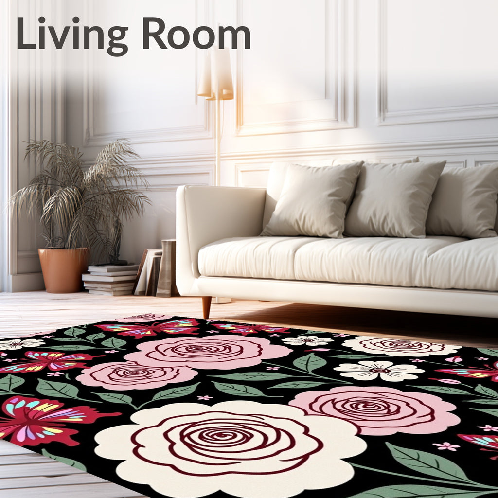 Pink Floral Butterflies on Black Background Rug