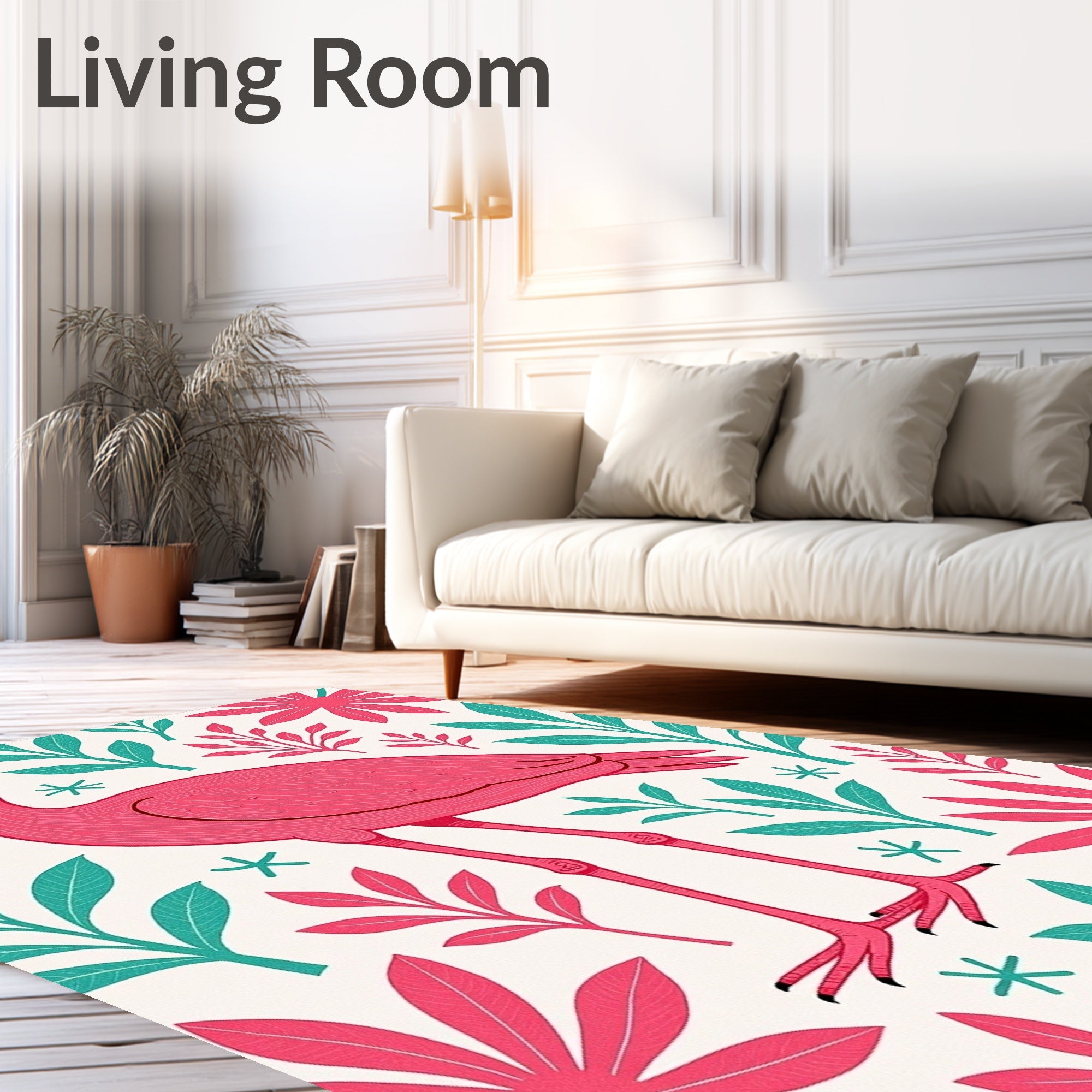 Pink Flamingo Tropical Leaf Collage Rug