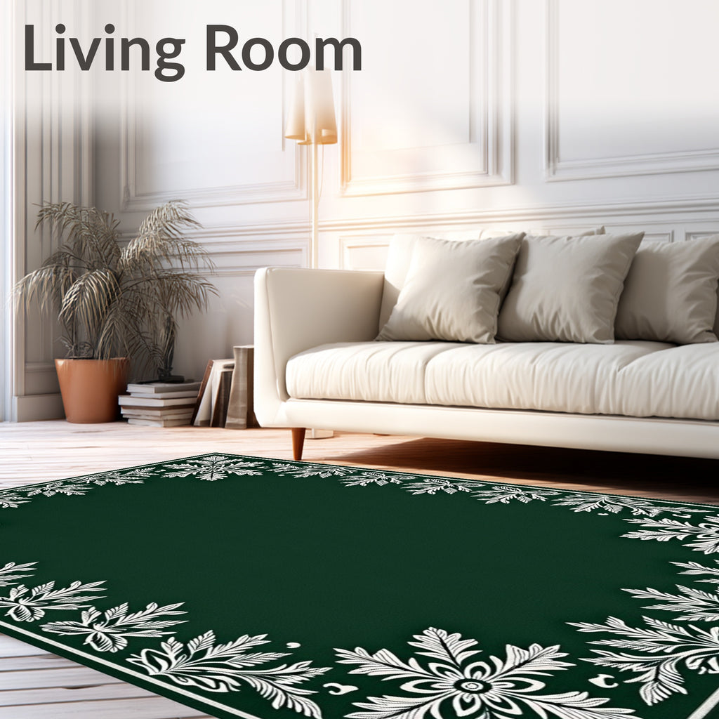 Dark Green White Floral Border Rug