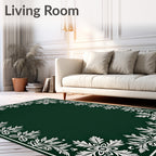 Dark Green White Floral Border Rug
