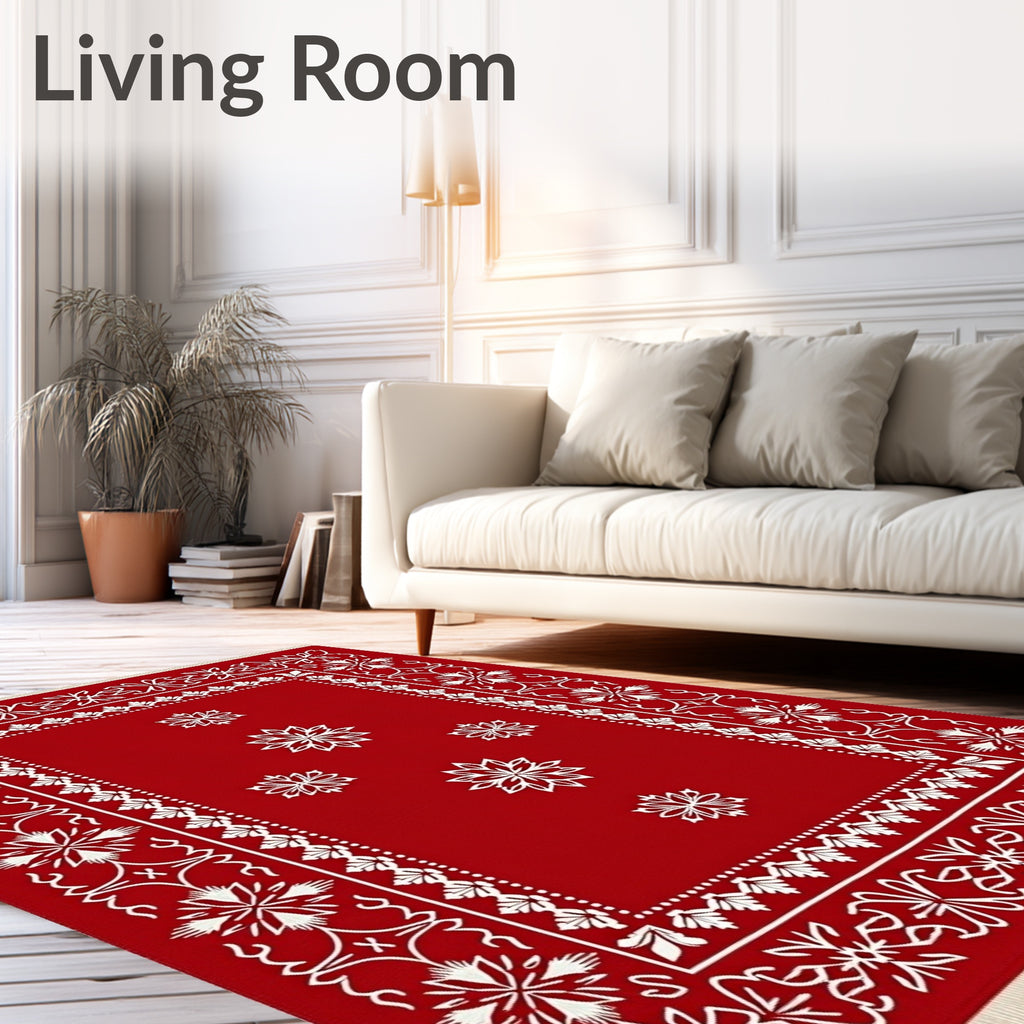Bold Red White Snowflake Border Rug