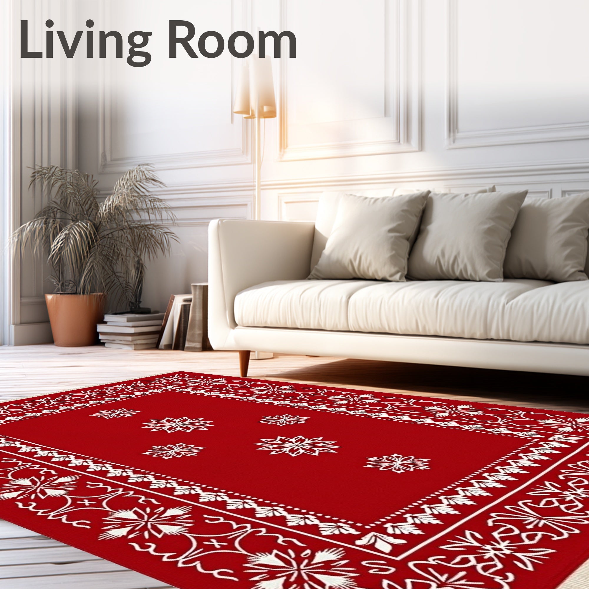 Bold Red White Snowflake Border Rug