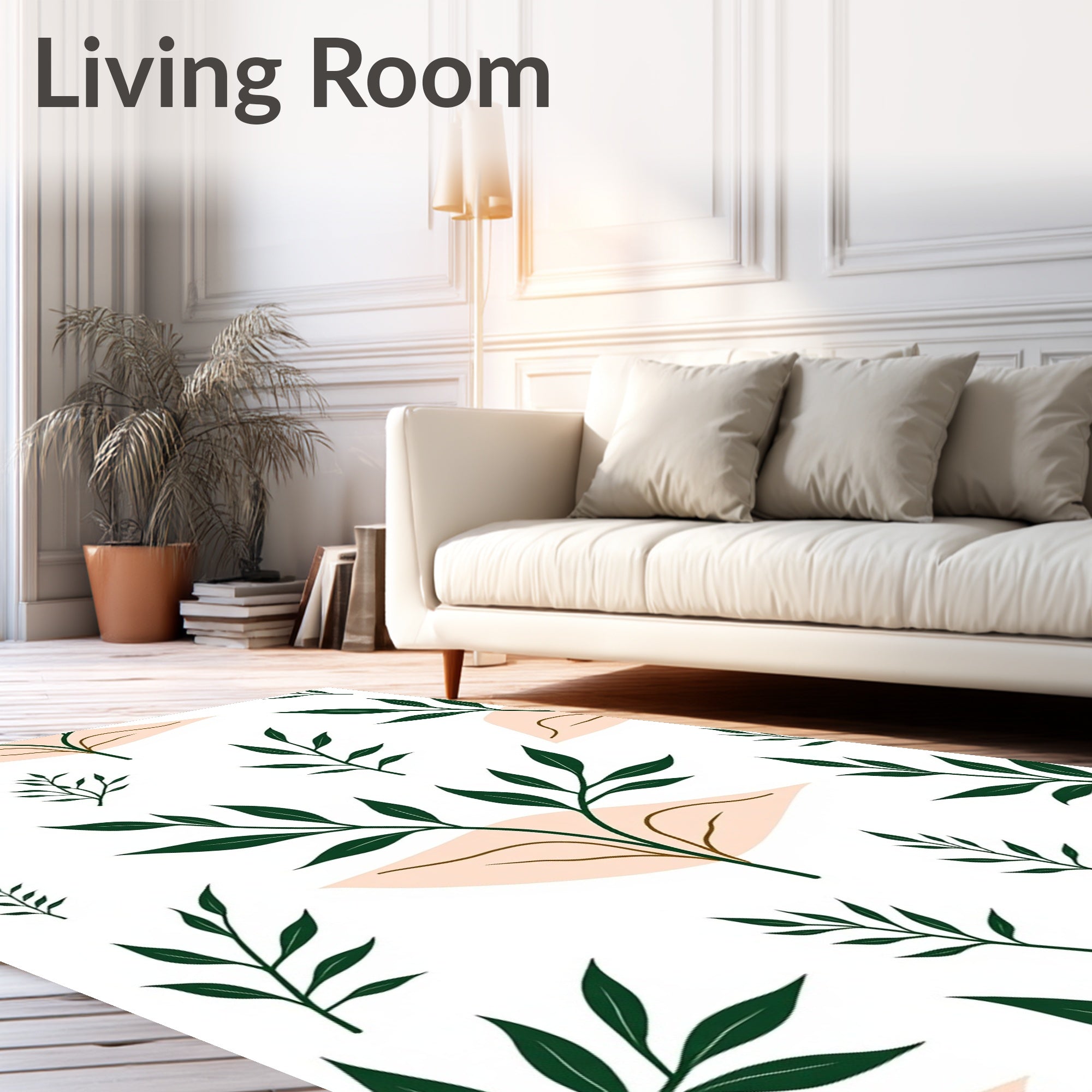 Dark Green Leafy Branches Beige Shapes Rug