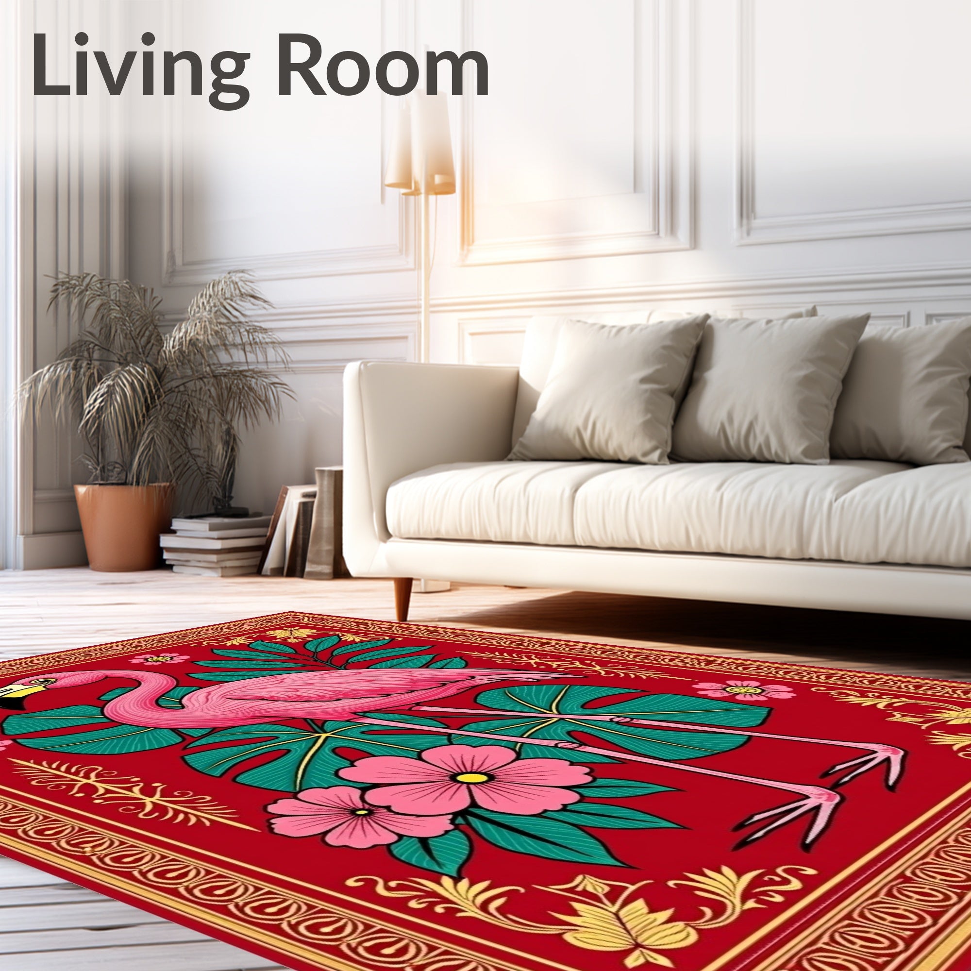 Pink Flamingo Tropical Floral Border Rug