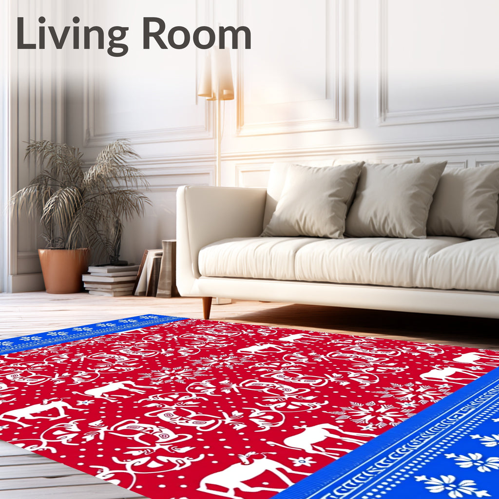 Red White Reindeer Snowflakes Border Rug