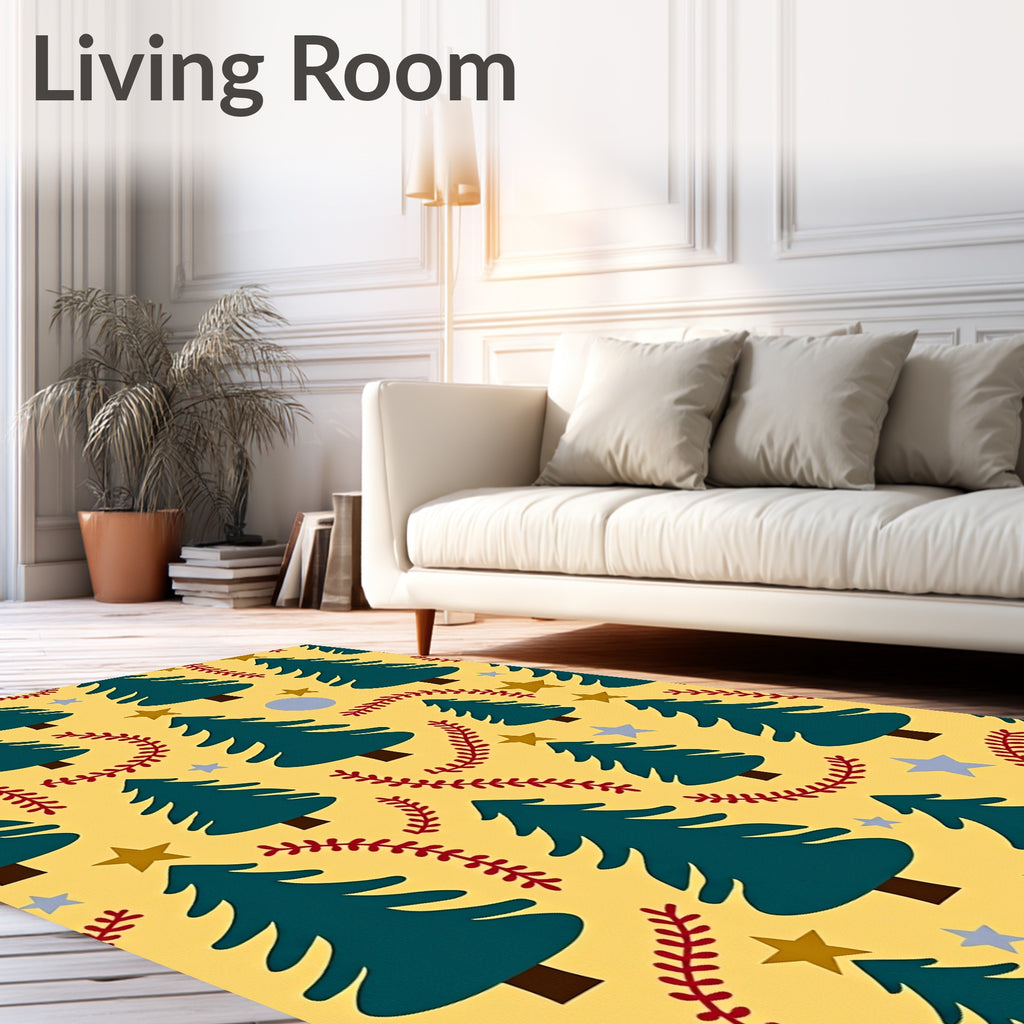 Teal Christmas Trees Yellow Star Garland Rug