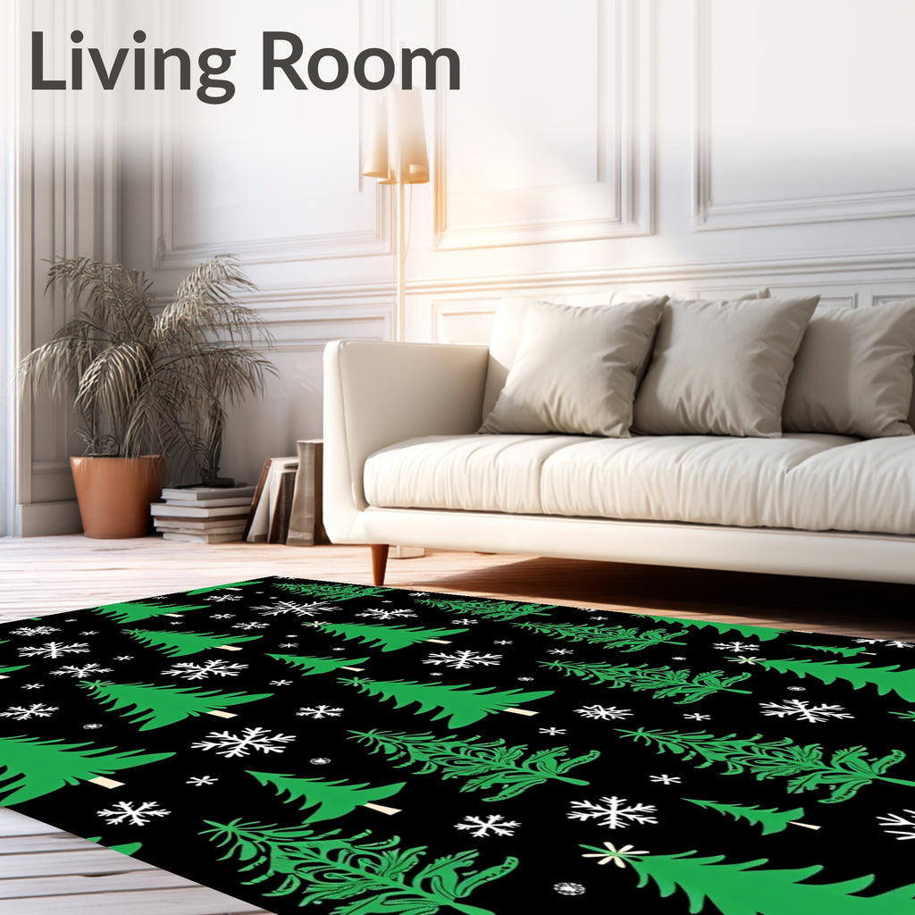 Green Christmas Trees White Snowflakes Black Rug