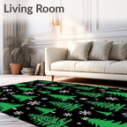 Green Christmas Trees White Snowflakes Black Rug