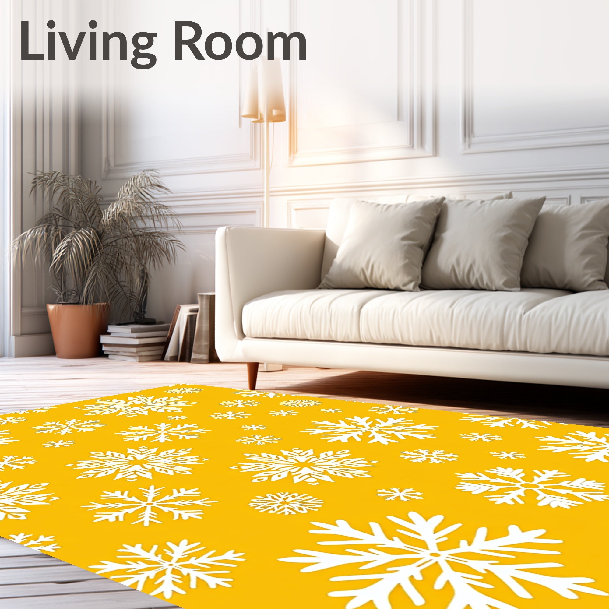 Bright Yellow White Snowflake Scatter Rug