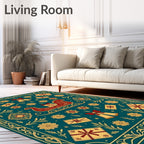 Teal Red Gold Sleigh Gift Bells Border Rug