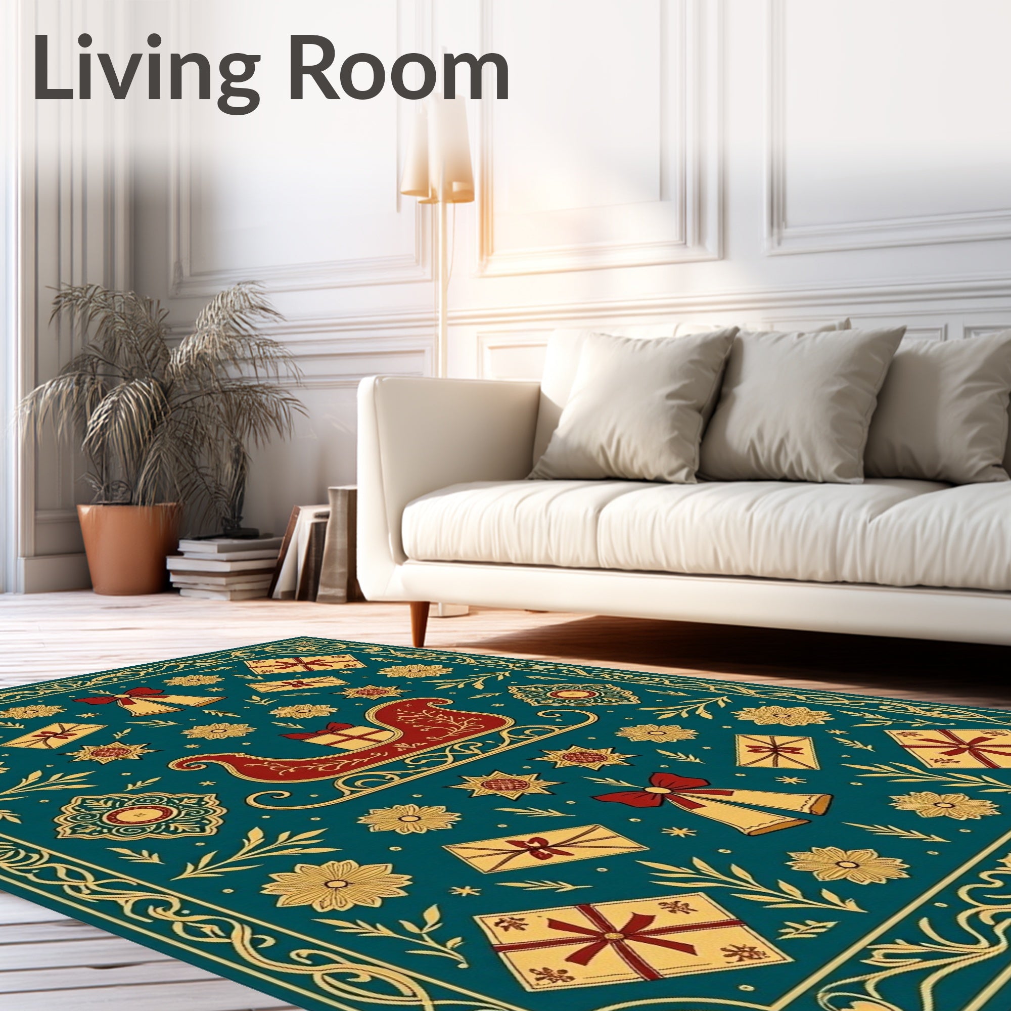 Teal Red Gold Sleigh Gift Bells Border Rug