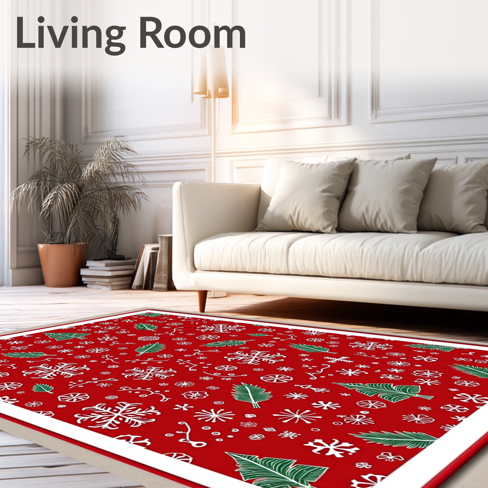 Red White Green Festive Snowflakes Christmas Trees Rug