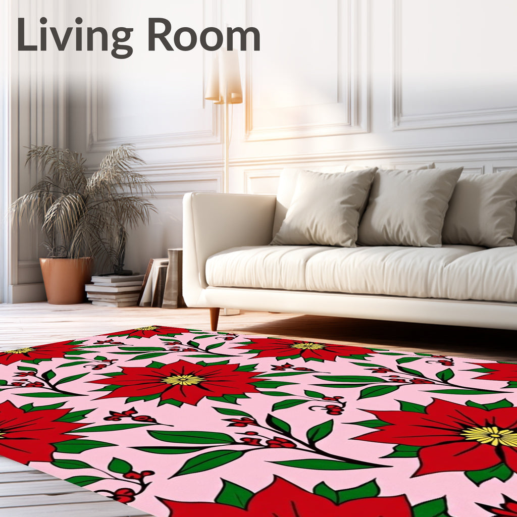 Red Poinsettia Floral Pink Background Rug