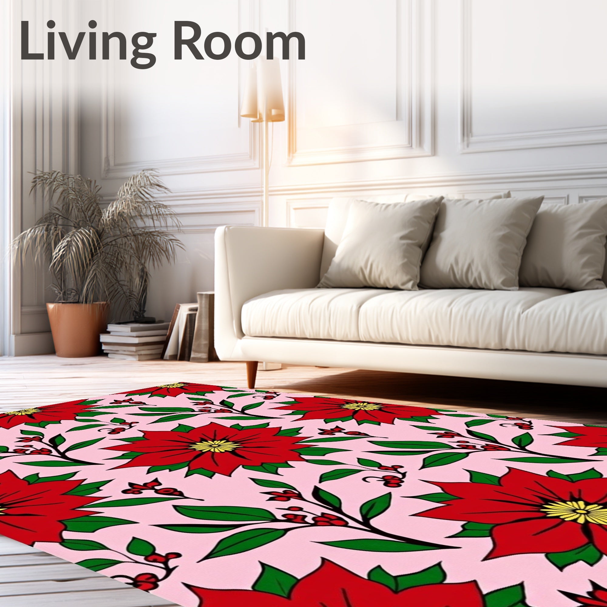 Red Poinsettia Floral Pink Background Rug